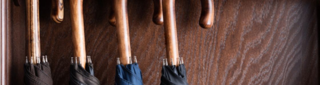 Classic wooden handle umbrellas hanging up